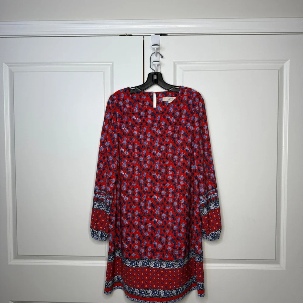 LOFT Red and Blue Casual Bishop Sleeve Dress - Picture 4 of 4